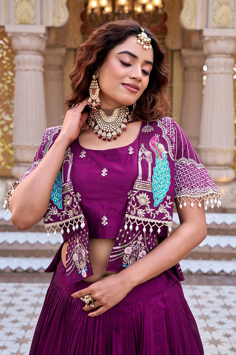Ready-to-Wear Wine Vichitra Lehenga with Embroidered Peplum Koti Blouse