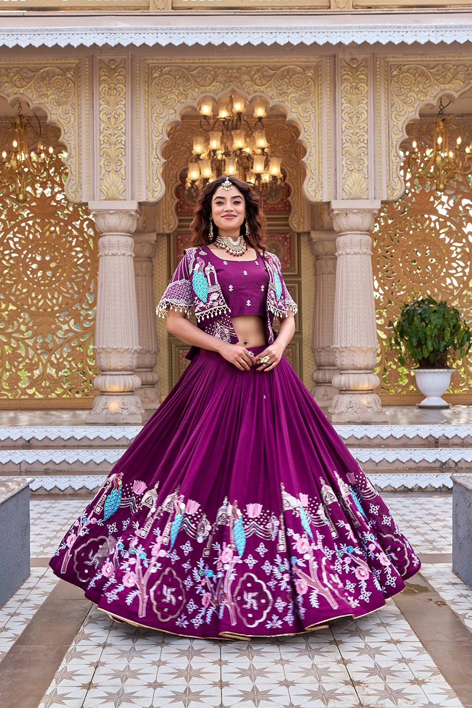 Ready-to-Wear Wine Vichitra Lehenga with Embroidered Peplum Koti Blouse