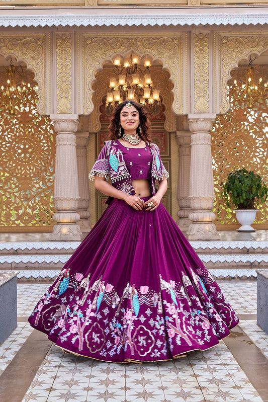 Ready-to-Wear Wine Vichitra Lehenga with Embroidered Peplum Koti Blouse