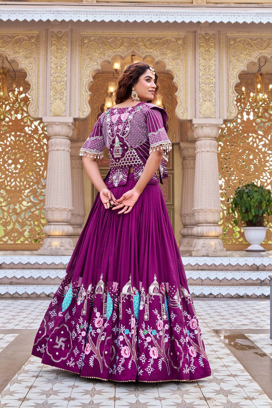 Ready-to-Wear Wine Vichitra Lehenga with Embroidered Peplum Koti Blouse
