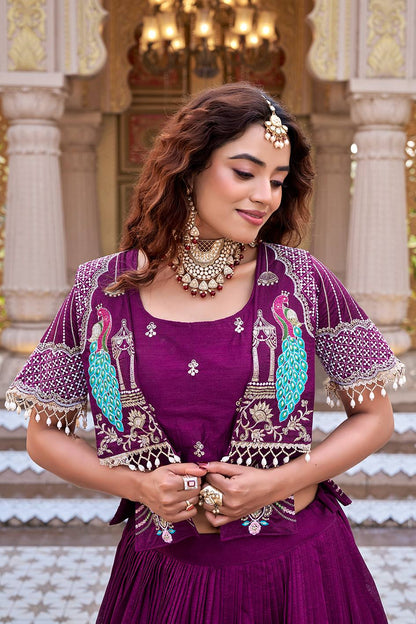 Ready-to-Wear Wine Vichitra Lehenga with Embroidered Peplum Koti Blouse