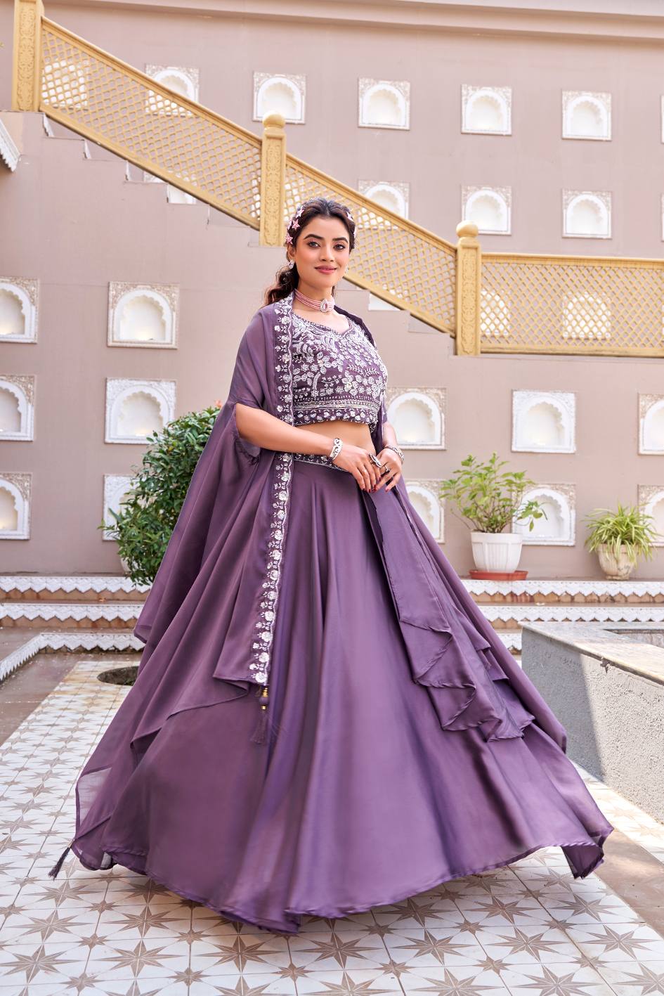 Ready-to-Wear Lavender Rangoli Silk Lehenga Choli With Shrug Style Dupatta