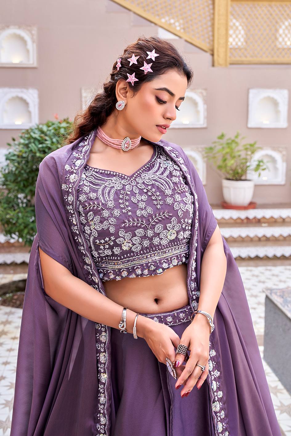 Ready-to-Wear Lavender Rangoli Silk Lehenga Choli With Shrug Style Dupatta