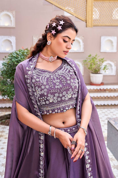 Ready-to-Wear Lavender Rangoli Silk Lehenga Choli With Shrug Style Dupatta