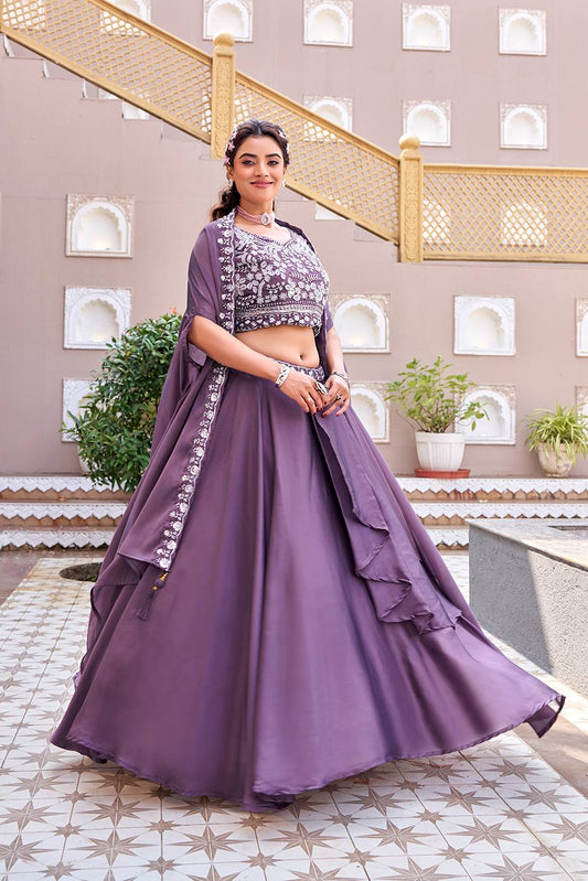 Ready-to-Wear Lavender Rangoli Silk Lehenga Choli With Shrug Style Dupatta