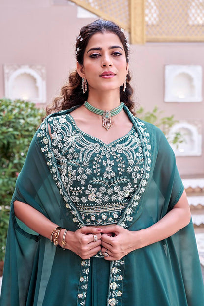 Ready-to-Wear Teal Green Rangoli Silk Lehenga Choli With Shrug Style Dupatta