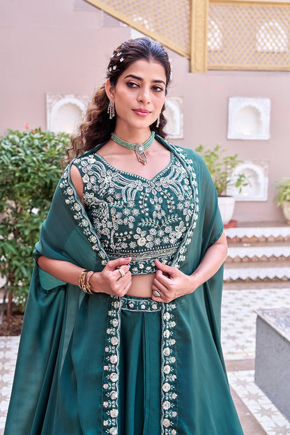 Ready-to-Wear Teal Green Rangoli Silk Lehenga Choli With Shrug Style Dupatta