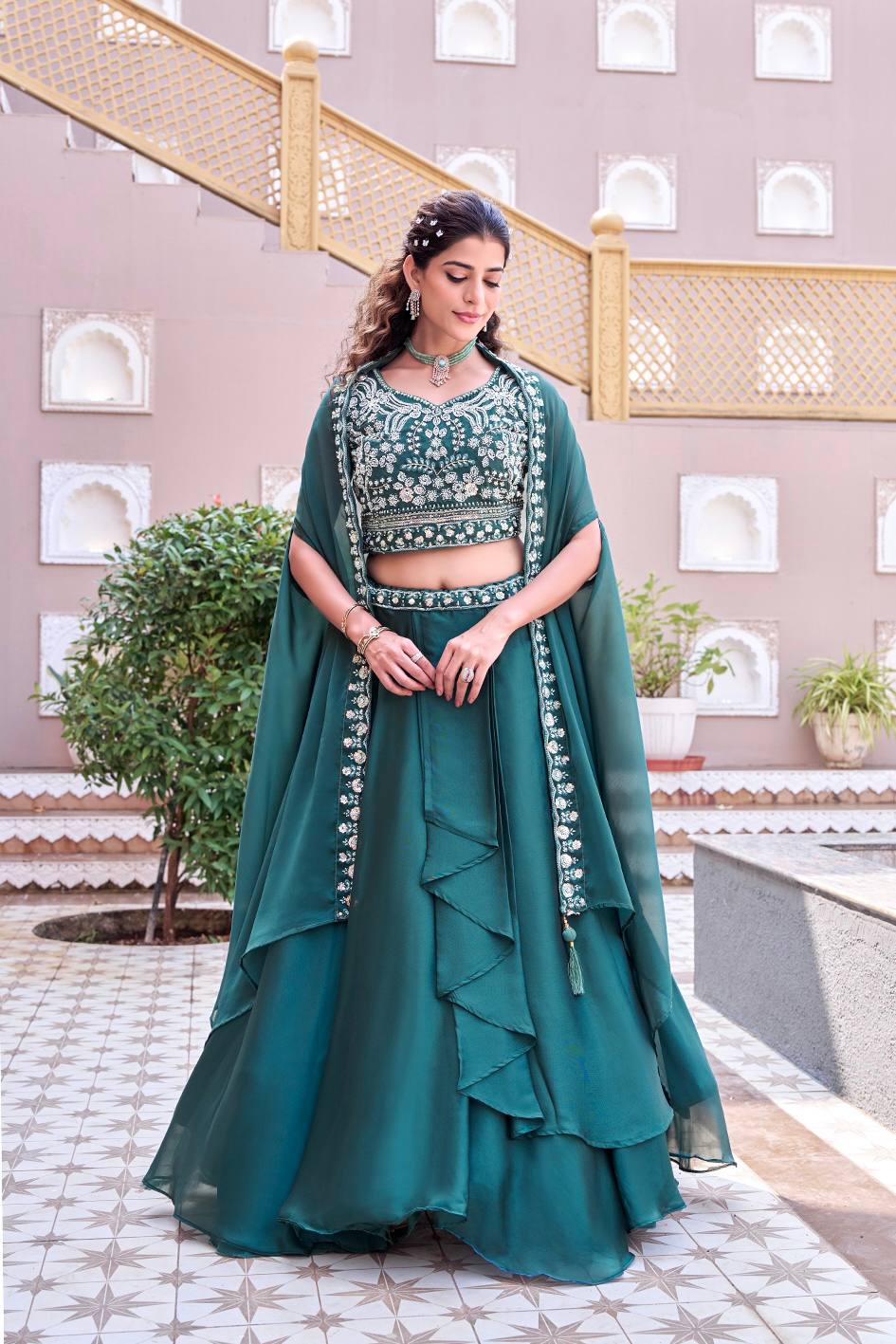 Ready-to-Wear Teal Green Rangoli Silk Lehenga Choli With Shrug Style Dupatta
