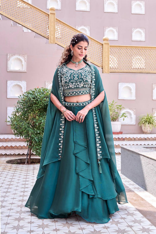 Ready-to-Wear Teal Green Rangoli Silk Lehenga Choli With Shrug Style Dupatta