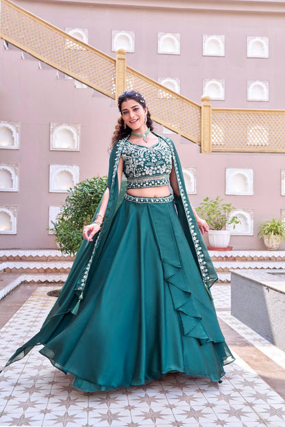 Ready-to-Wear Teal Green Rangoli Silk Lehenga Choli With Shrug Style Dupatta