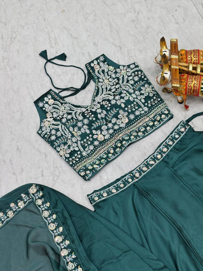 Ready-to-Wear Teal Green Rangoli Silk Lehenga Choli With Shrug Style Dupatta