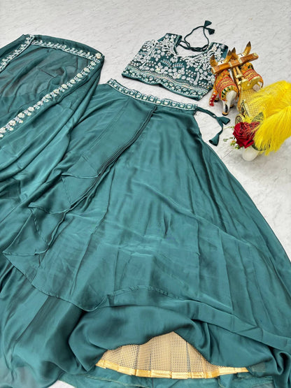 Ready-to-Wear Teal Green Rangoli Silk Lehenga Choli With Shrug Style Dupatta