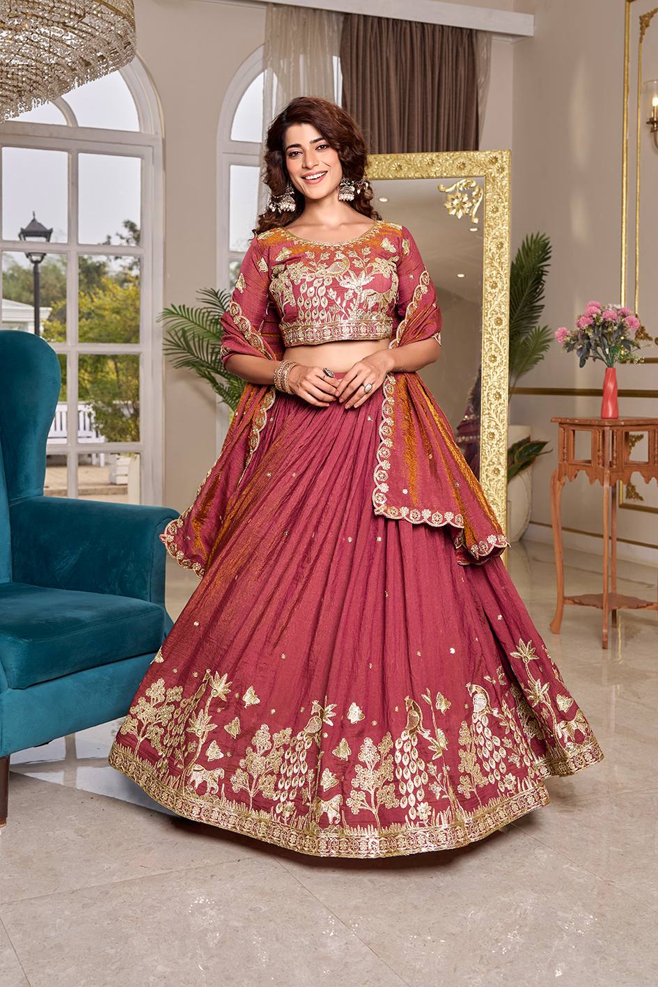 Ready-to-Wear Peach Nc Vichitra Lehenga Choli With Dupatta