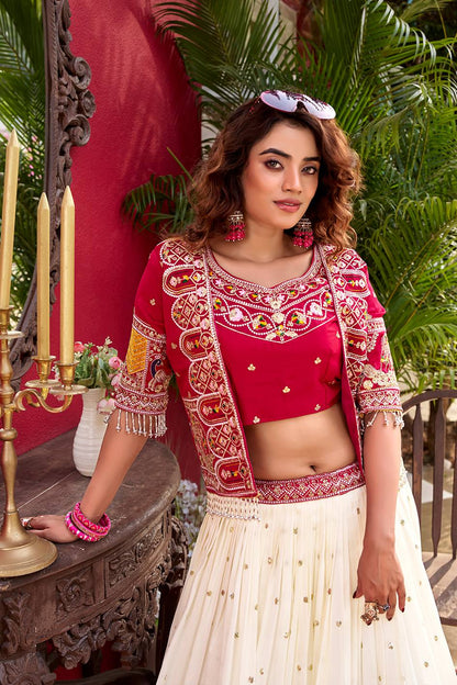 Ready-to-Wear Off-White Vichitra Lehenga with Embroidered Peplum Koti Blouse
