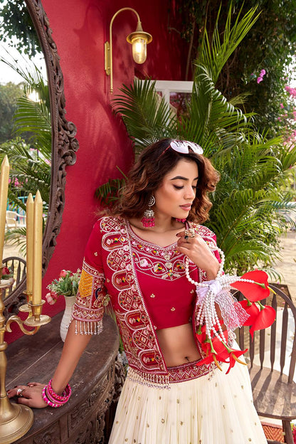Ready-to-Wear Off-White Vichitra Lehenga with Embroidered Peplum Koti Blouse