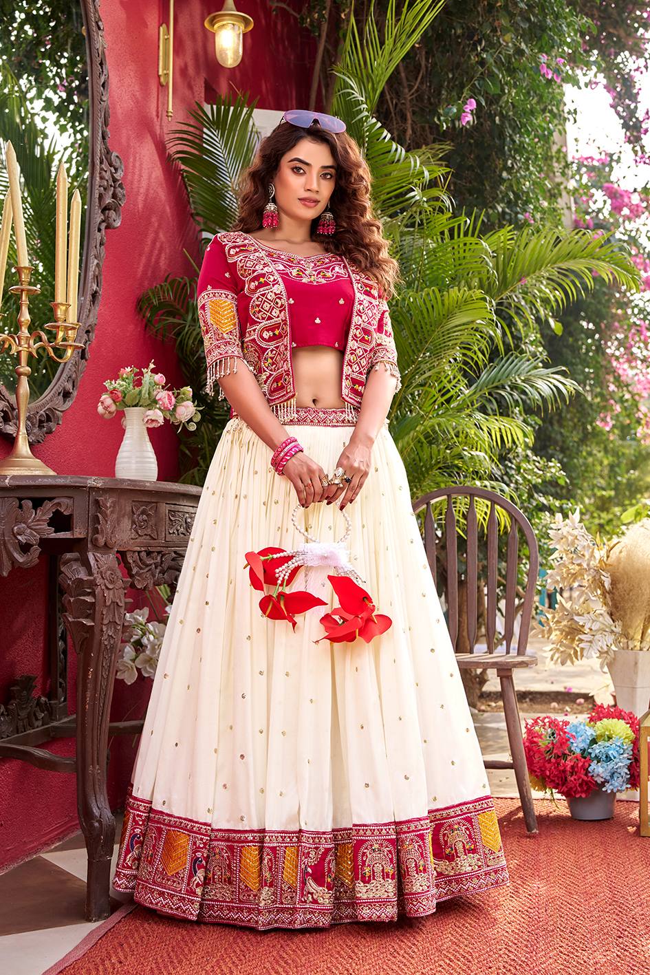 Ready-to-Wear Off-White Vichitra Lehenga with Embroidered Peplum Koti Blouse