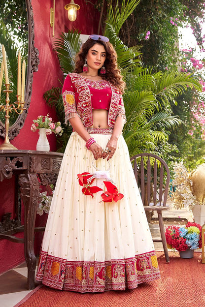 Ready-to-Wear Off-White Vichitra Lehenga with Embroidered Peplum Koti Blouse