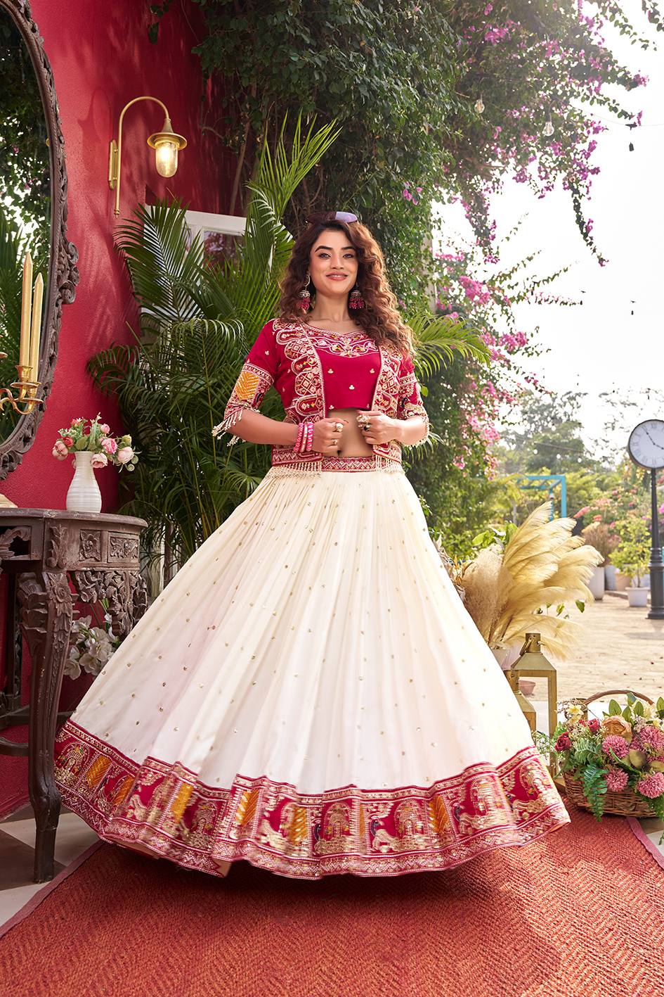 Ready-to-Wear Off-White Vichitra Lehenga with Embroidered Peplum Koti Blouse