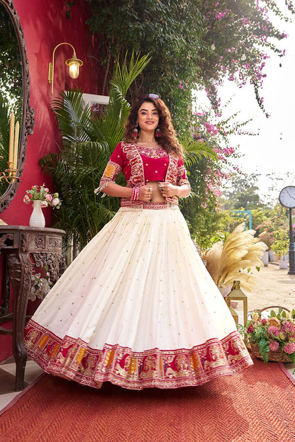 Ready-to-Wear Off-White Vichitra Lehenga with Embroidered Peplum Koti Blouse