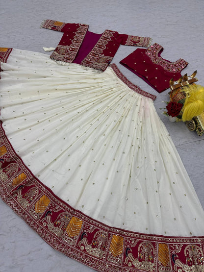 Ready-to-Wear Off-White Vichitra Lehenga with Embroidered Peplum Koti Blouse
