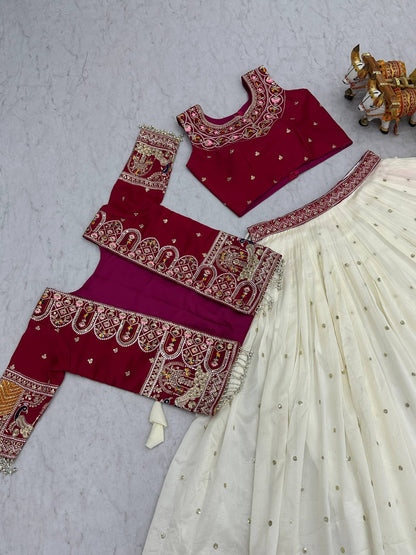 Ready-to-Wear Off-White Vichitra Lehenga with Embroidered Peplum Koti Blouse