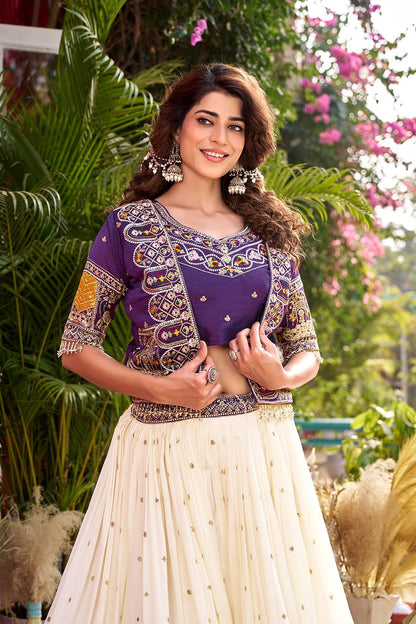 Ready-to-Wear Off-White Vichitra Lehenga with Embroidered Peplum Koti Blouse