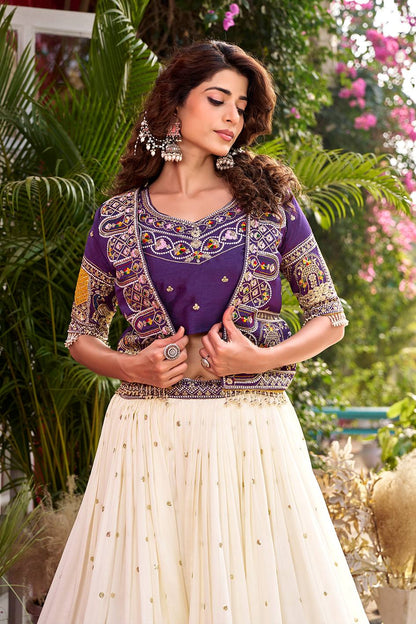 Ready-to-Wear Off-White Vichitra Lehenga with Embroidered Peplum Koti Blouse