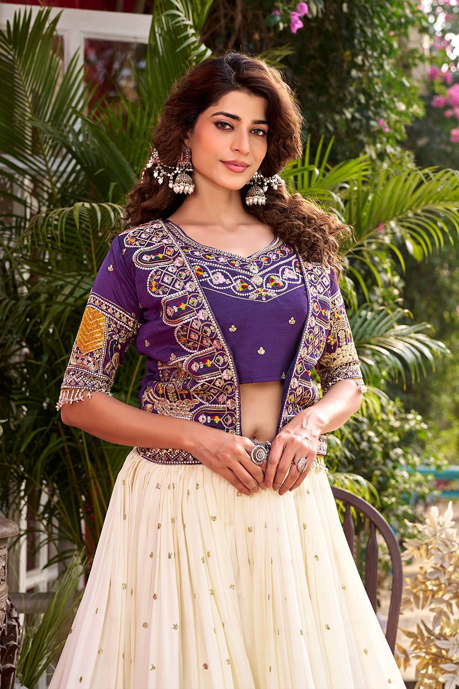 Ready-to-Wear Off-White Vichitra Lehenga with Embroidered Peplum Koti Blouse