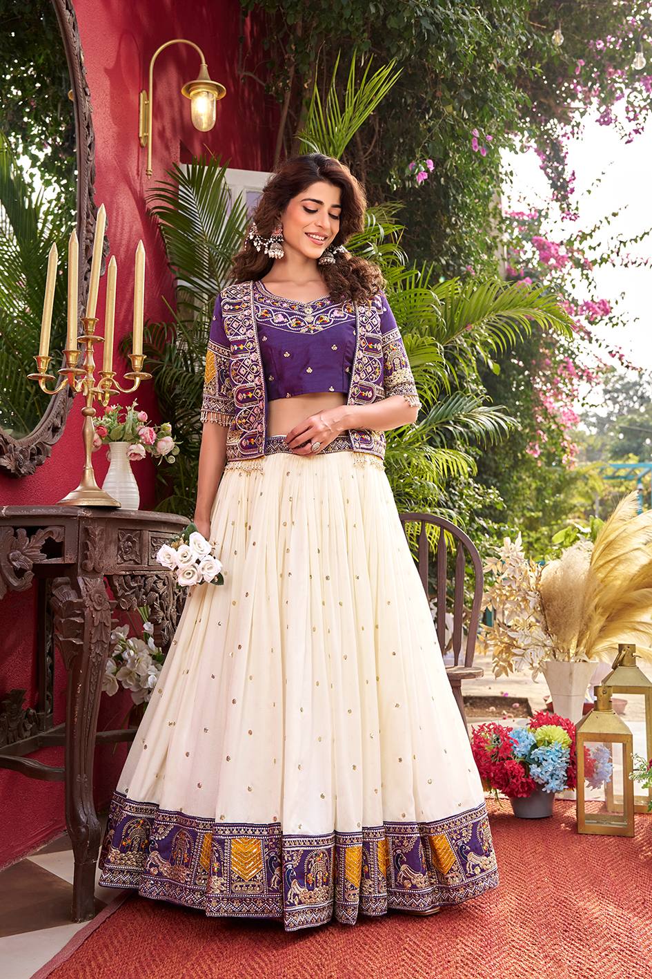 Ready-to-Wear Off-White Vichitra Lehenga with Embroidered Peplum Koti Blouse