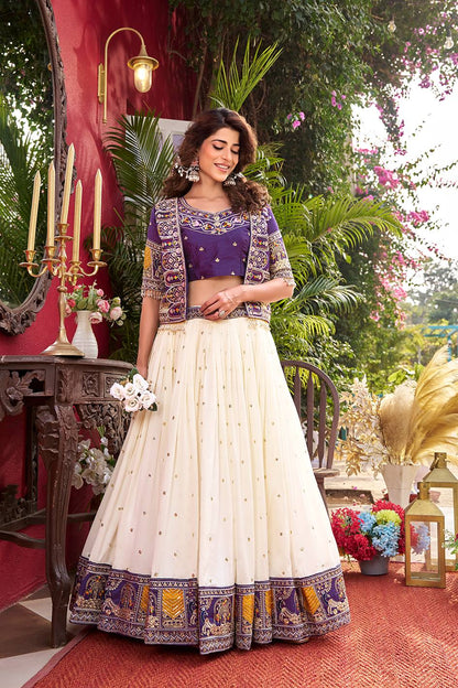 Ready-to-Wear Off-White Vichitra Lehenga with Embroidered Peplum Koti Blouse