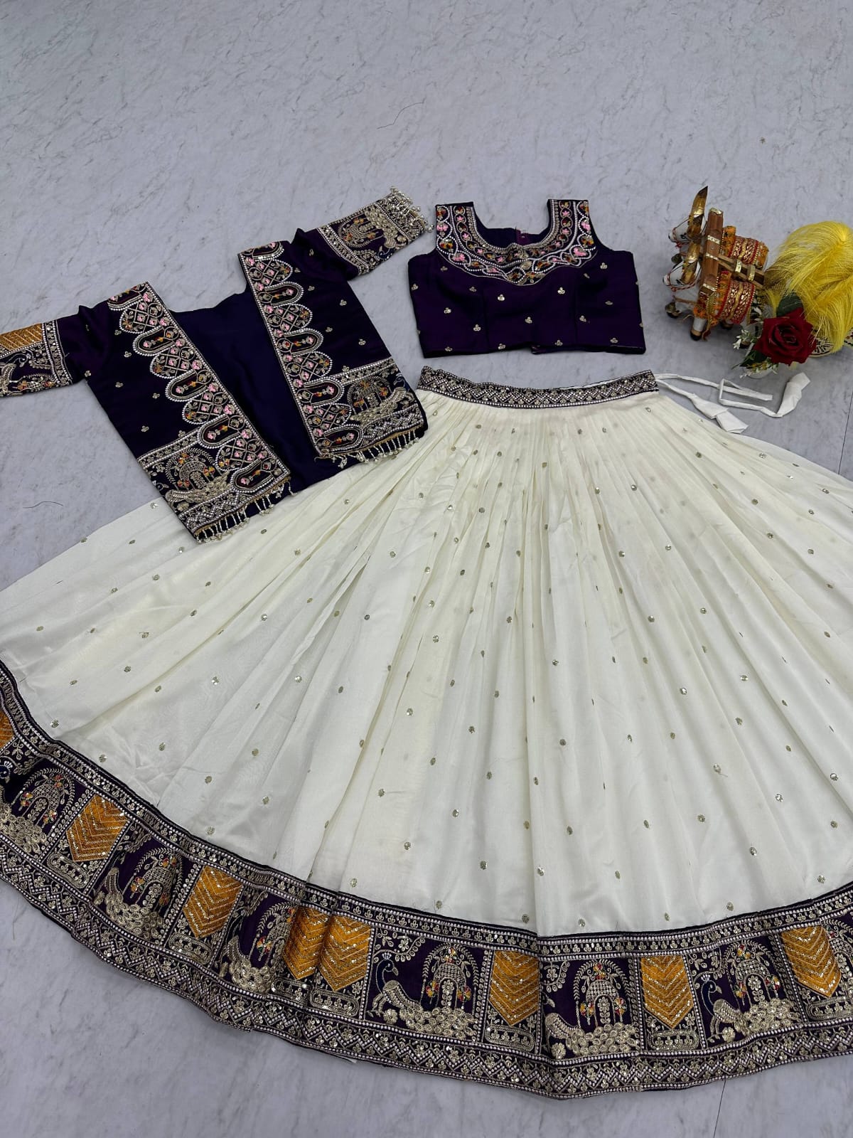 Ready-to-Wear Off-White Vichitra Lehenga with Embroidered Peplum Koti Blouse