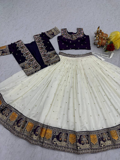 Ready-to-Wear Off-White Vichitra Lehenga with Embroidered Peplum Koti Blouse