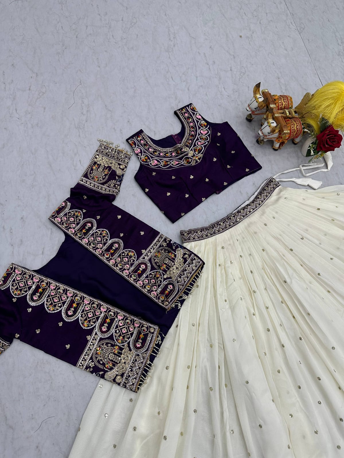 Ready-to-Wear Off-White Vichitra Lehenga with Embroidered Peplum Koti Blouse