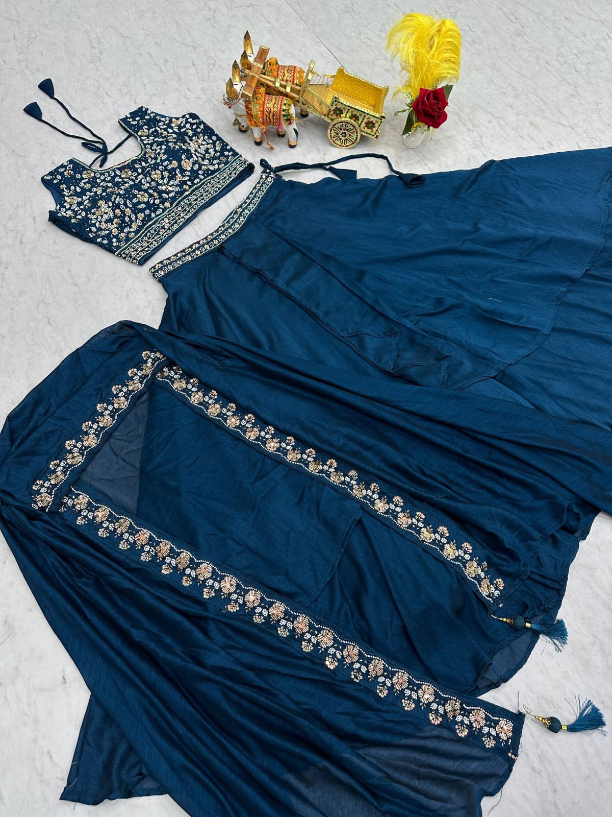 Ready-to-Wear Teal Blue Vichitra Silk Indo-Western Lehenga Choli With Shrug Style Dupatta