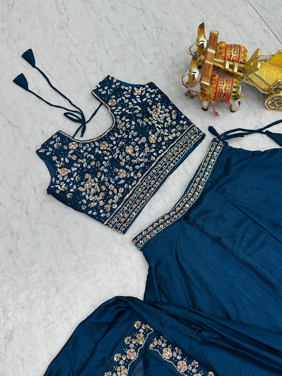 Ready-to-Wear Teal Blue Vichitra Silk Indo-Western Lehenga Choli With Shrug Style Dupatta