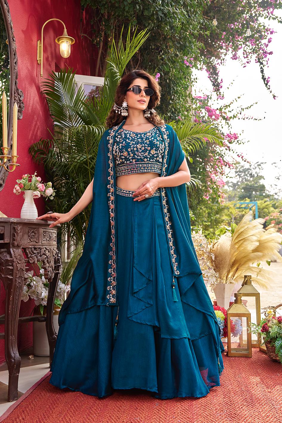 Ready-to-Wear Teal Blue Vichitra Silk Indo-Western Lehenga Choli With Shrug Style Dupatta