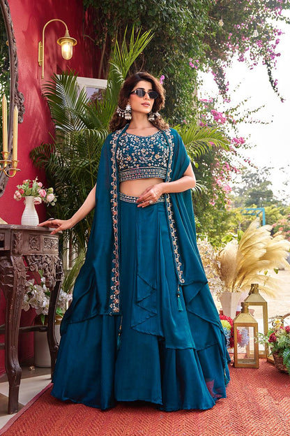 Ready-to-Wear Teal Blue Vichitra Silk Indo-Western Lehenga Choli With Shrug Style Dupatta