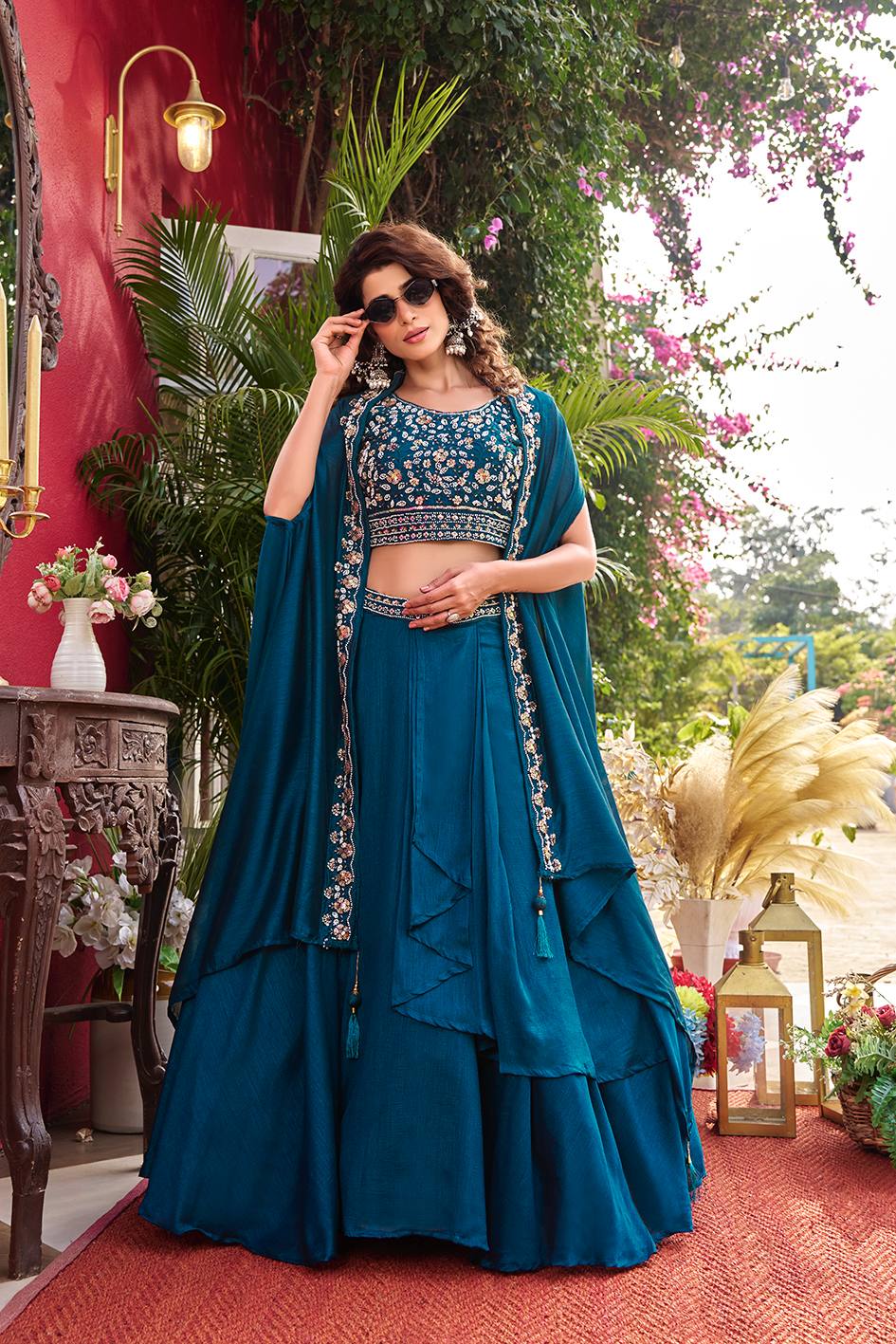 Ready-to-Wear Teal Blue Vichitra Silk Indo-Western Lehenga Choli With Shrug Style Dupatta