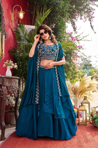 Ready-to-Wear Teal Blue Vichitra Silk Indo-Western Lehenga Choli With Shrug Style Dupatta