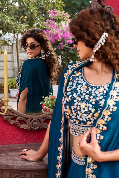 Ready-to-Wear Teal Blue Vichitra Silk Indo-Western Lehenga Choli With Shrug Style Dupatta