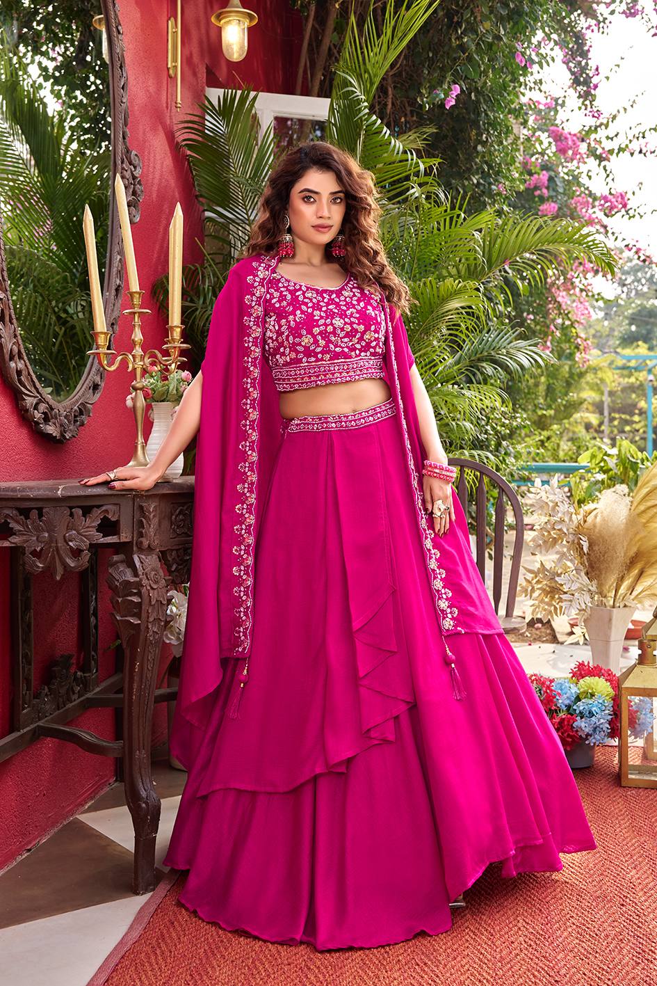 Ready-to-Wear Hot Pink Vichitra Silk Indo-Western Lehenga Choli With Shrug Style Dupatta