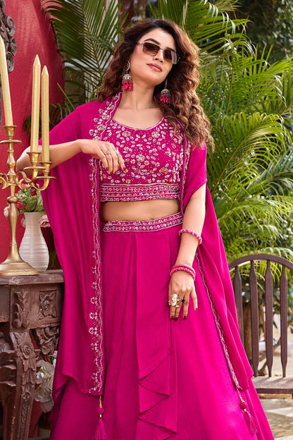 Ready-to-Wear Hot Pink Vichitra Silk Indo-Western Lehenga Choli With Shrug Style Dupatta