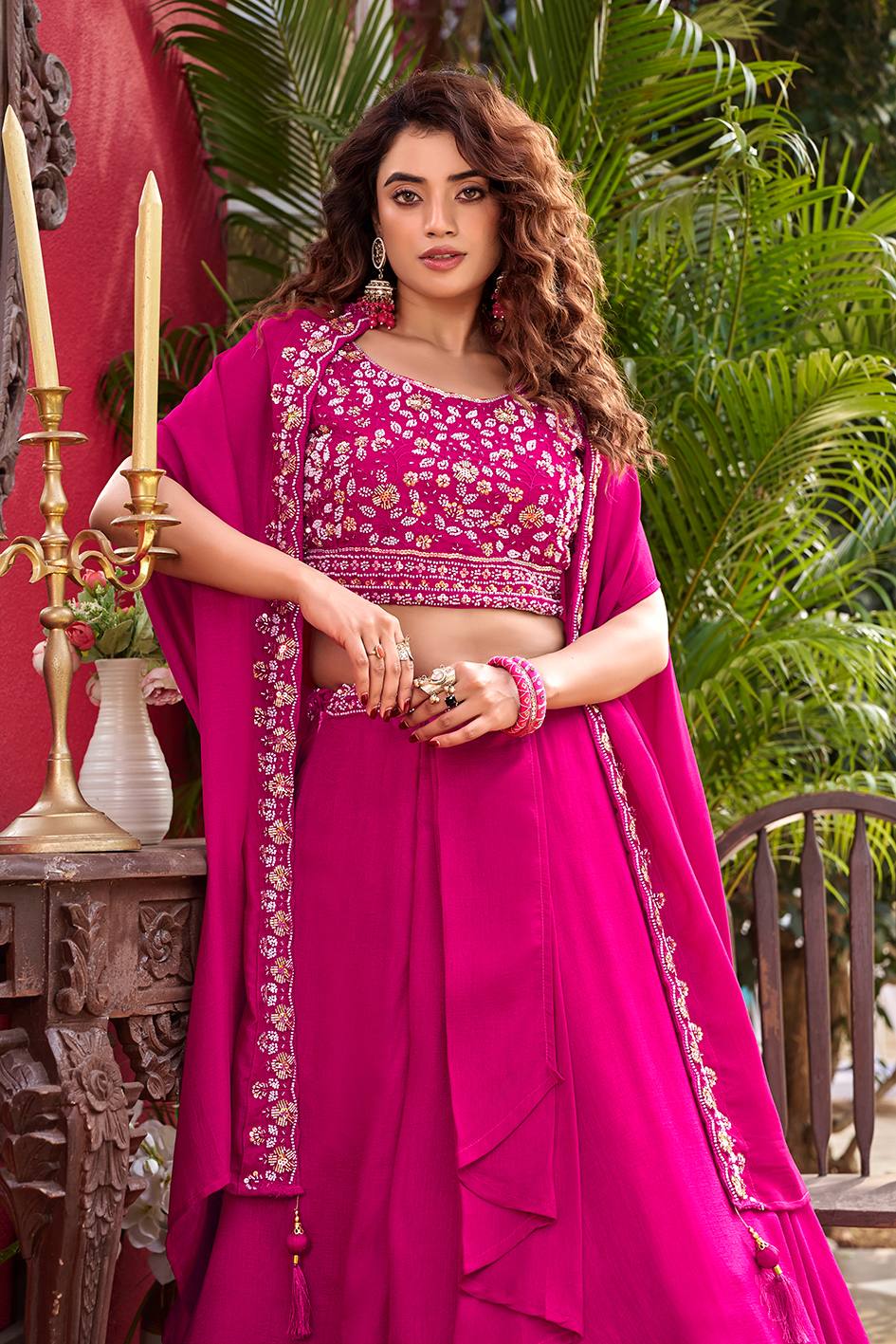 Ready-to-Wear Hot Pink Vichitra Silk Indo-Western Lehenga Choli With Shrug Style Dupatta