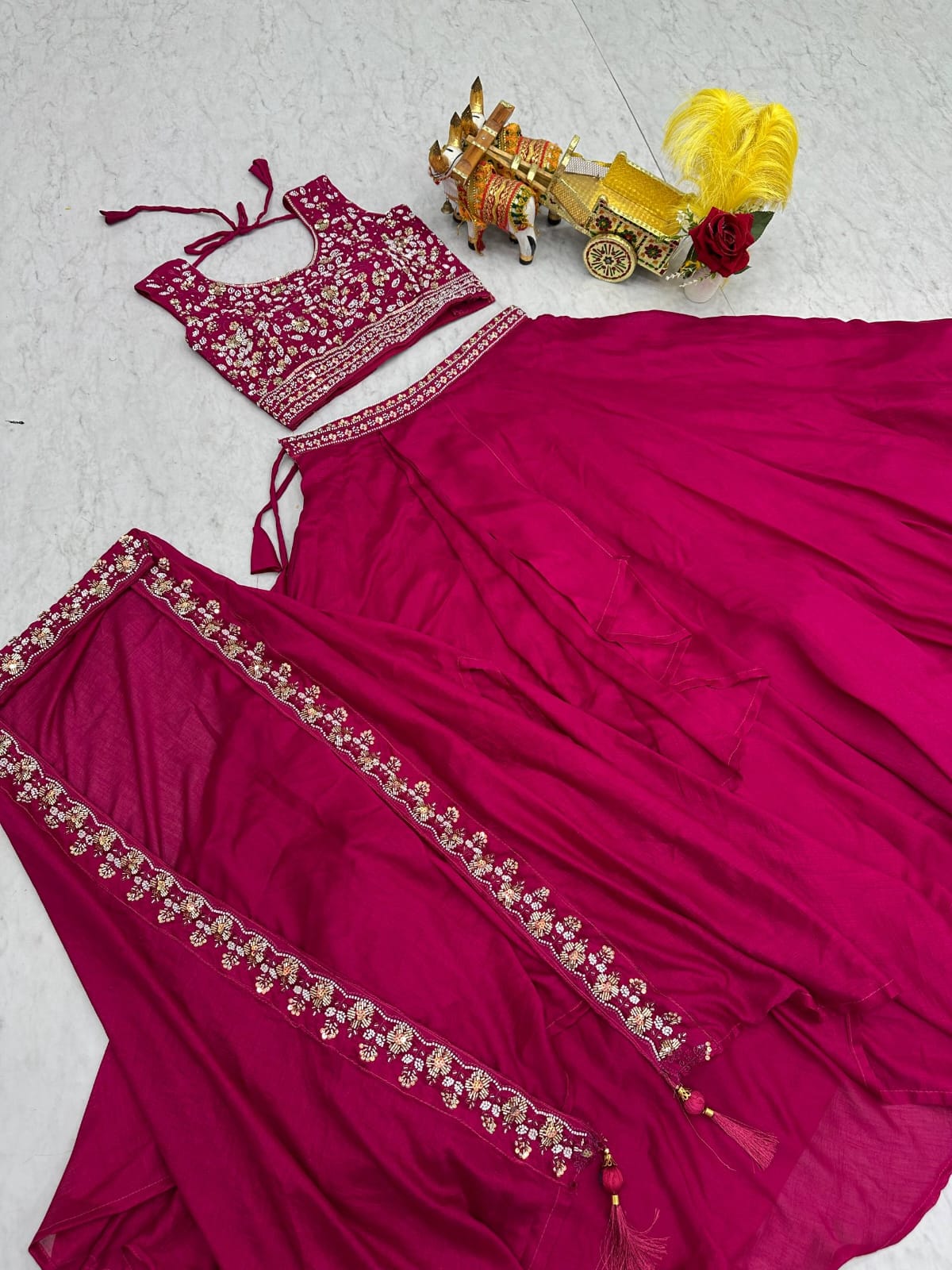 Ready-to-Wear Hot Pink Vichitra Silk Indo-Western Lehenga Choli With Shrug Style Dupatta
