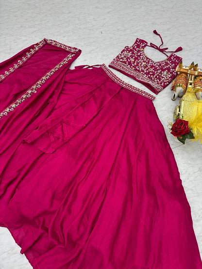 Ready-to-Wear Hot Pink Vichitra Silk Indo-Western Lehenga Choli With Shrug Style Dupatta