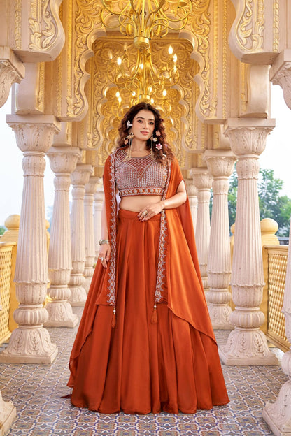 Ready-to-Wear Rust Orange Rangoli Silk Indo-Western Lehenga Choli With Shrug Style Dupatta