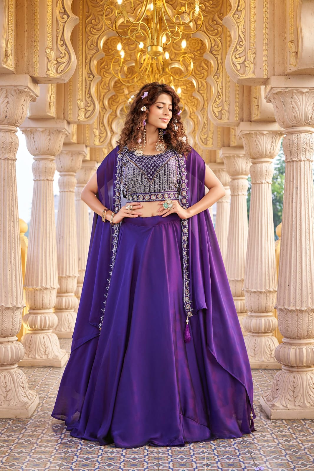 Ready-to-Wear Purple  Rangoli Silk Indo-Western Lehenga Choli With Shrug Style Dupatta