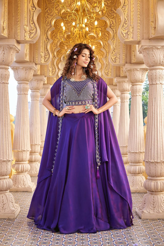 Ready-to-Wear Purple  Rangoli Silk Indo-Western Lehenga Choli With Shrug Style Dupatta