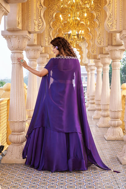 Ready-to-Wear Purple  Rangoli Silk Indo-Western Lehenga Choli With Shrug Style Dupatta
