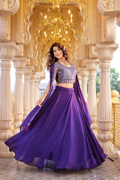 Ready-to-Wear Purple  Rangoli Silk Indo-Western Lehenga Choli With Shrug Style Dupatta